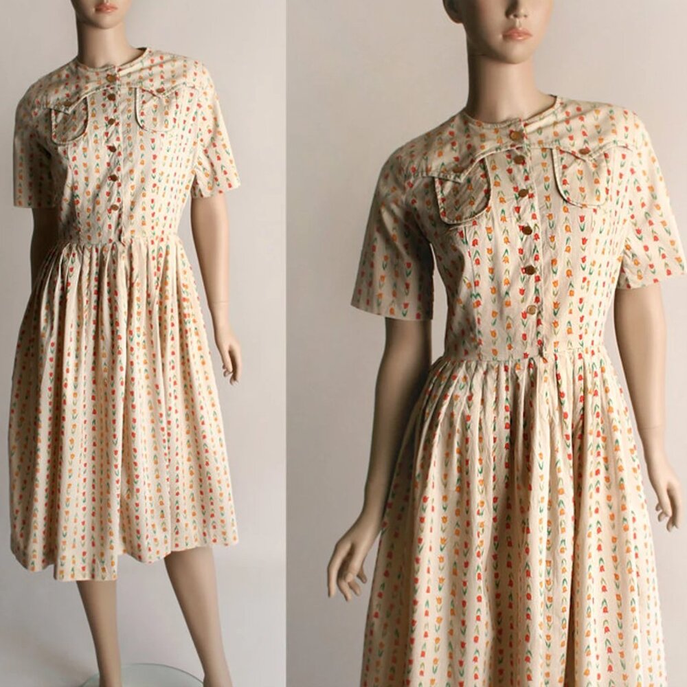 Vintage 1950s Floral Tulip Print Cotton Day Dress Novelty 50s Pocket Small